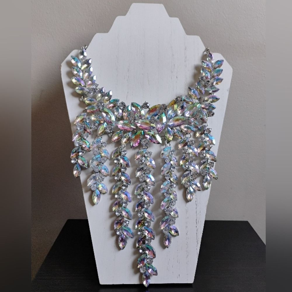 Beautiful Massive Silver Tone Iridescent Gem Waterfall Statement Necklace